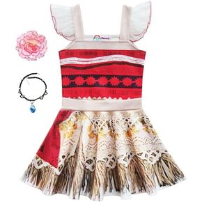 Little Girls Princess Dress for Moana Costume Outfit For Halloween Christmas With Necklace and Hair Clip