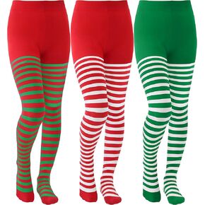 SOMSOC 3 Pieces Kids Christmas Striped Tights Candy Cane Striped Xmas Tight Full Striped Tights for 5-10 Years Costume