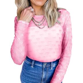 Urchics Womens Mock Neck Mesh Tops Western T Shirts Long Sleeve Layering Tops See Through Trendy Outfits Going Out Tops