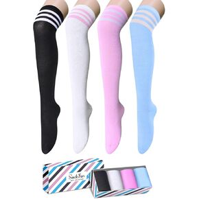 Striped Thigh High Socks - Knee High Socks for Women Teen Girls 4 Pack, School Socks Long Socks Over the Knee Socks