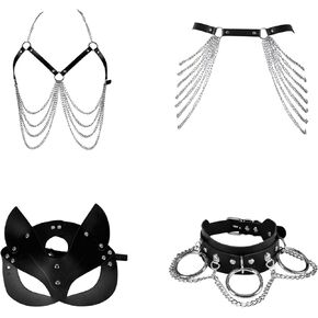 Women Body Harness Fashion Leather Punk Bra Suit Mask Necklace Garter Belt Gothic Carnival Halloween Dance Costume