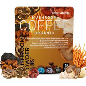 Organic Mushroom Coffee Certified Mold & Mycotoxin Free GrassFed Collagen Types I & III 8 Fruiting Body Mushrooms Tested for BetaGlucans Focus Energy Digestion & Immunity 15 Servings