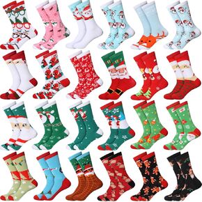 Handepo 24 Pairs Christmas Socks Christmas Crew Sock Warm Winter Holiday Socks Xmas Soft Socks for Women Novelty Holiday Gift (Stylish)