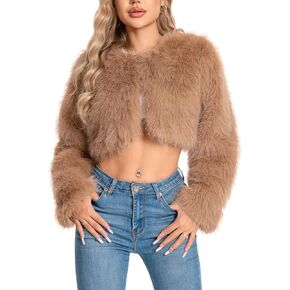 Petite Cropped Fur Coat for Women, Faux Furry Long Sleeve Fluffy Jacket Open Front Winter Shaggy Warm Outwear.