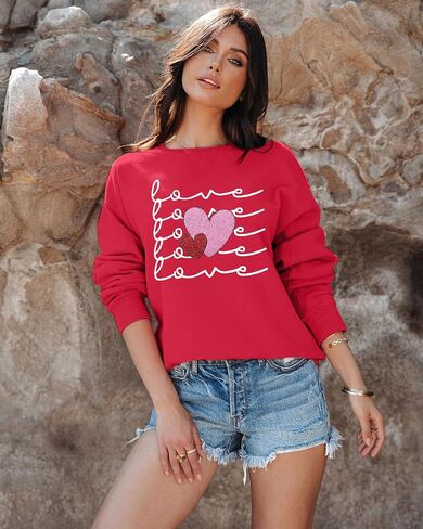 JINTING Valentine's Day Sweatshirt For Women Heart Sequin Pullover Love Season Hoodie Crewneck Long Sleeve Tops in Kuwait