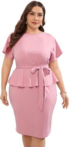 KOJOOIN Women Plus Size Bodycon Elegant Midi Dress Peplum Business Work Office Sheath Pencil Cocktail Party Dress with Belt in Saudi Arabia