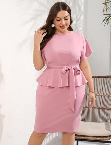 KOJOOIN Women Plus Size Bodycon Elegant Midi Dress Peplum Business Work Office Sheath Pencil Cocktail Party Dress with Belt in Saudi Arabia