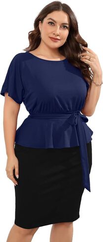 KOJOOIN Women Plus Size Bodycon Elegant Midi Dress Peplum Business Work Office Sheath Pencil Cocktail Party Dress with Belt in Saudi Arabia