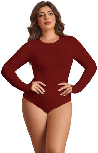 POSESHE Women's Plus Size Long Sleeve Bodysuit Soft Round Neck Bodysuits for Women, S-5XL in Kuwait