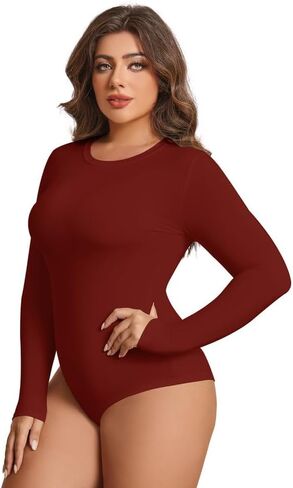 POSESHE Women's Plus Size Long Sleeve Bodysuit Soft Round Neck Bodysuits for Women, S-5XL in Kuwait