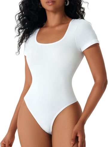 MOVWIN Women’s Bodysuit Tummy Control Seamless Short Sleeve Body Suit Shapewear Thong Square Neck Body Sculpting Shaper in Saudi Arabia
