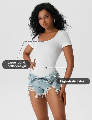 MOVWIN Women’s Bodysuit Tummy Control Seamless Short Sleeve Body Suit Shapewear Thong Square Neck Body Sculpting Shaper in Saudi Arabia