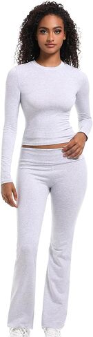 2 Piece Lounge Sets for Women Casual Long Sleeve Crop Top Fold Over Flare Yoga Leggings Pants Outfits Pajamas Set in Saudi Arabia