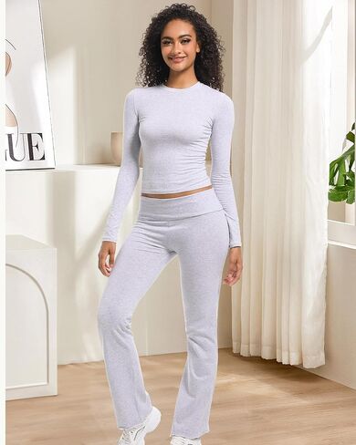 2 Piece Lounge Sets for Women Casual Long Sleeve Crop Top Fold Over Flare Yoga Leggings Pants Outfits Pajamas Set in Saudi Arabia