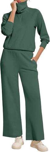 FANCYINN Women 2 Piece Outfits Quarter Zip Knit Top Wide Leg Sweatpants Matching Set Oversized Casual Lapel Sweatsuit in Saudi Arabia