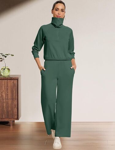 FANCYINN Women 2 Piece Outfits Quarter Zip Knit Top Wide Leg Sweatpants Matching Set Oversized Casual Lapel Sweatsuit in Saudi Arabia