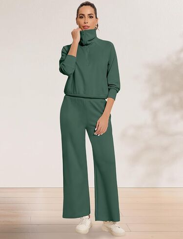 FANCYINN Women 2 Piece Outfits Quarter Zip Knit Top Wide Leg Sweatpants Matching Set Oversized Casual Lapel Sweatsuit in Saudi Arabia
