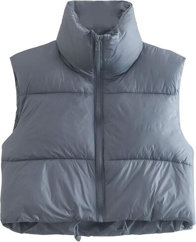 Zontroldy Womens Cropped Puffer Vest Padded Down Stand Collar Zip Lightweight Sleeveless Outwear Gilet Jacket Waistcoat in Saudi Arabia