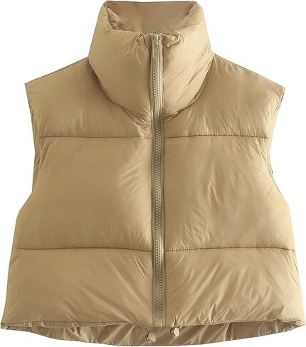 Zontroldy Womens Cropped Puffer Vest Padded Down Stand Collar Zip Lightweight Sleeveless Outwear Gilet Jacket Waistcoat in Saudi Arabia