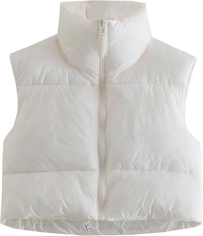 Zontroldy Womens Cropped Puffer Vest Padded Down Stand Collar Zip Lightweight Sleeveless Outwear Gilet Jacket Waistcoat in Saudi Arabia
