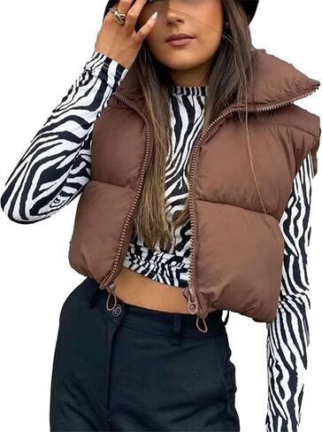 Zontroldy Womens Cropped Puffer Vest Padded Down Stand Collar Zip Lightweight Sleeveless Outwear Gilet Jacket Waistcoat in Saudi Arabia