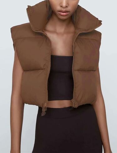 Zontroldy Womens Cropped Puffer Vest Padded Down Stand Collar Zip Lightweight Sleeveless Outwear Gilet Jacket Waistcoat in Saudi Arabia
