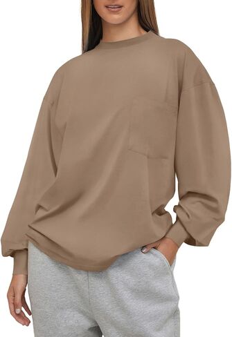 LASLULU Womens Long Sleeve T Shirts Oversized Tops Casual Fall Trendy Tee Shirts Blouses Pocket in Saudi Arabia