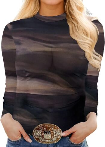 Urchics Womens Mock Neck Mesh Tops Western T Shirts Long Sleeve Layering Tops See Through Trendy Outfits Going Out Tops in Kuwait