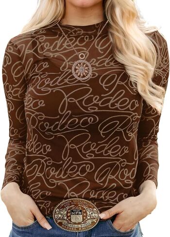 Urchics Womens Mock Neck Mesh Tops Western T Shirts Long Sleeve Layering Tops See Through Trendy Outfits Going Out Tops in Kuwait