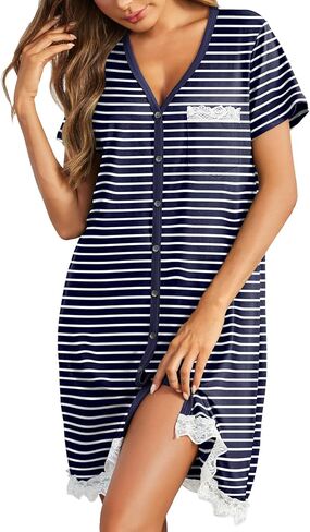 Ekouaer Women Striped Nightgowns Button Down Sleepshirts Short Sleeves Nightshirts in Saudi Arabia