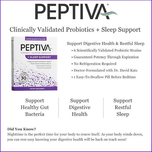 Peptiva 26 Billion CFU Probiotic and Sleep Support - Clinically Validated Multi-Strain Probiotic - Lactobacillus and Bifidobacterium, Melatonin in Kuwait