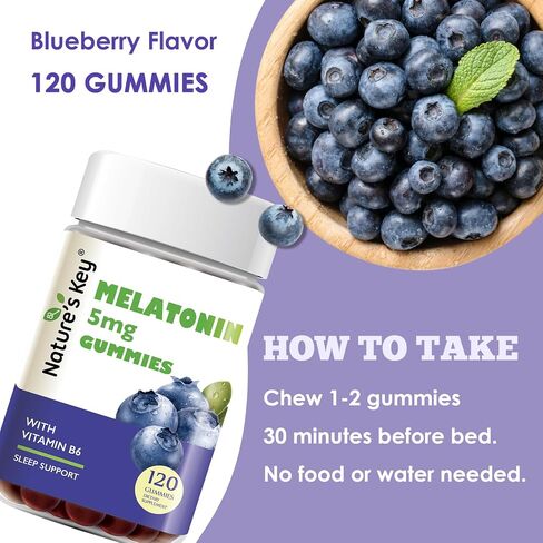 Nature's Key Melatonin Gummies for Kids & Adults, 5mg Dose Gummy with Vitamin B6, Non-GMO,Gluten-Free-Natural Blueberry Flavor 60 Count in Saudi Arabia