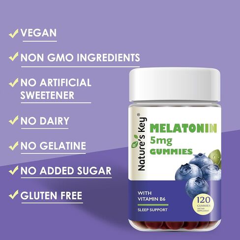 Nature's Key Melatonin Gummies for Kids & Adults, 5mg Dose Gummy with Vitamin B6, Non-GMO,Gluten-Free-Natural Blueberry Flavor 60 Count in Saudi Arabia