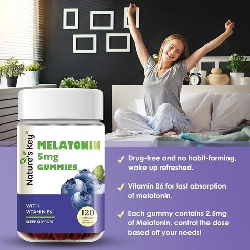 Nature's Key Melatonin Gummies for Kids & Adults, 5mg Dose Gummy with Vitamin B6, Non-GMO,Gluten-Free-Natural Blueberry Flavor 60 Count in Saudi Arabia