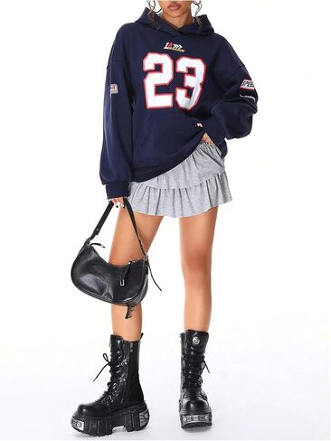 MakeMeChic Women's Number Print Hooded Sweatshirt Long Sleeve Drop Shoulder Hoodies Top in Saudi Arabia