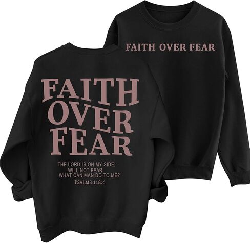 Christian Sweatshirt Women: Faith Over Fear Tshirt Religious Sayings Sweatshrit Jesus Long Sleeve Pullover Tops in Kuwait