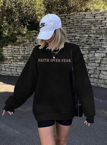 Christian Sweatshirt Women: Faith Over Fear Tshirt Religious Sayings Sweatshrit Jesus Long Sleeve Pullover Tops in Kuwait