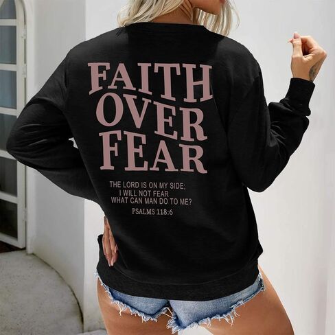 Christian Sweatshirt Women: Faith Over Fear Tshirt Religious Sayings Sweatshrit Jesus Long Sleeve Pullover Tops in Kuwait