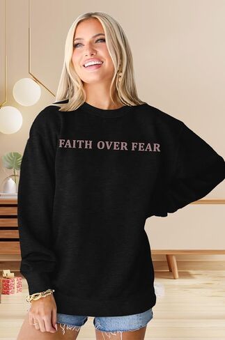 Christian Sweatshirt Women: Faith Over Fear Tshirt Religious Sayings Sweatshrit Jesus Long Sleeve Pullover Tops in Kuwait