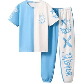 Boy's 2 Piece Outfits Color Block Graphic Short Sleeve Tee Shirts and Joggers Sweatpants Set