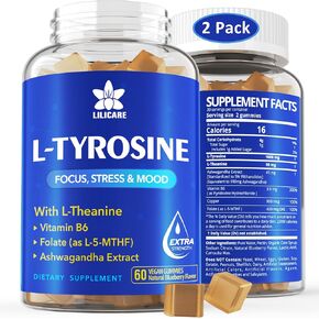 L Tyrosine Gummies 1100mg Mood Support Blend, with Ashwagandha, L-Theanine, Vitamin B Complex B6, Folate(Vitamin B9), Focus & Memory, Cognition & Brain Function, Energy Boost,Stress Support, 2Pc/120ct
