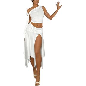WDIRARA Women's 2 Piece Outfits Asymmetrical Neck Sleeveless Top and Split Thigh Ruffle Midi Skirt Set