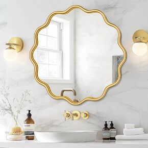 PROHOMEWARE Gold Round Mirror 28 Inch Wavy Bathroom Vanity Mirror Gold Frame Modern Wall Mirror Decorative Wall-Mounte Anti-Rust, Tempered Glass