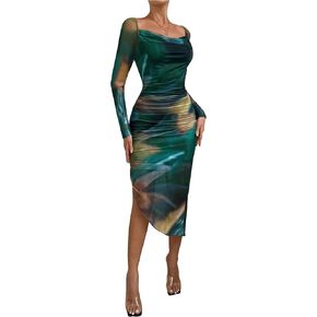 GORGLITTER Women's 2024 Casual Fall Tie Dye Split Midi Dress Square Neck Long Sleeve Bodycon Dresses