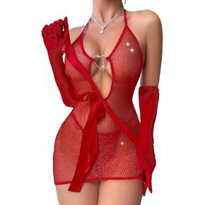 Kaei&Shi 3 Pcs Unwrap Me Lingerie,Metal Heart Sparkle Fishnet Dress For Women,Sexy Valentines Gifts Birthday Christmas