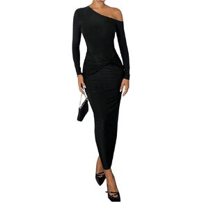 Floerns Women's Asymmetrical Neck Long Sleeve Twist Knot Party Bodycon Long Dress