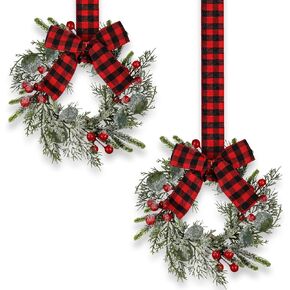 Syhood 2 Pcs 9" Small Christmas Wreath Mini Cabinet Wreaths for Kitchen Christmas Red Berry with Red and Black Plaid Bow Farmhouse Wreath for Holiday Christmas Party Decorations
