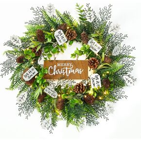 20 Inch Christmas Wreath with 50 LED Lights,Christmas Wreaths for Front Door Decorations, Christmas Door Wreath for Home Indoor Outdoor Decor (Wooden Sign)