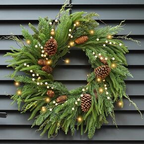 Real Touch Norfolk Pine Wreath Artificial Christmas Wreaths for Front Door 24 Inch Indoor Outdoor Green Evergreen Winter Wreath with Natural Pine Cones and Berries for Farmhouse Home Decor