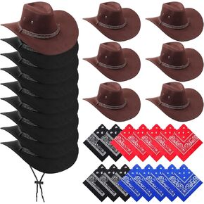 Coume 30 Pcs Cowboy Hat Bulk Western Cowboy Hat Paisley Bandanna Set Cowgirl Accessories Fancy Dress Party Supplies for Women Men (Classic Style, Black Brown),One Size